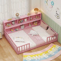 Full Size Montessori Floor Bed with Bookcase-Pink - Pink - Trundle Bed Frame