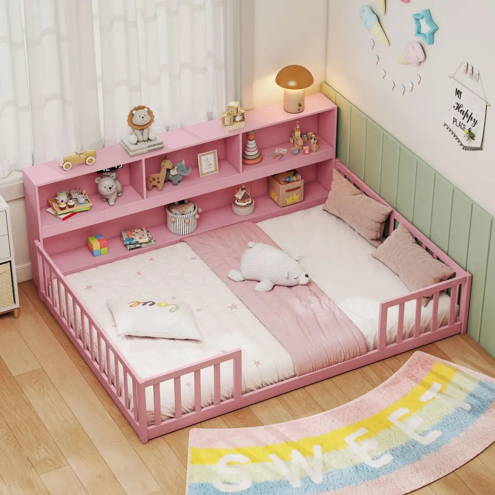 Full Size Montessori Floor Bed with Bookcase-Pink - Pink - Trundle Bed Frame