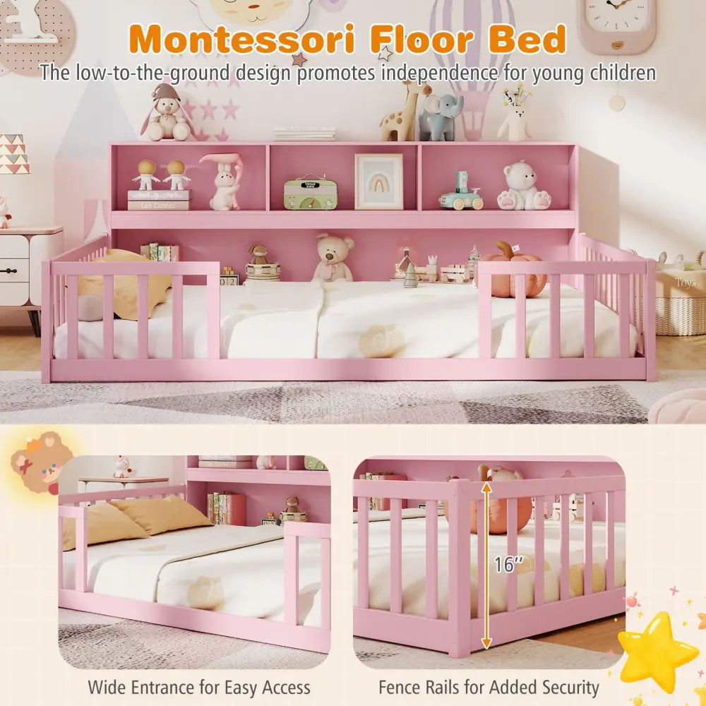 Full Size Montessori Floor Bed with Bookcase-Pink - Pink - Trundle Bed Frame