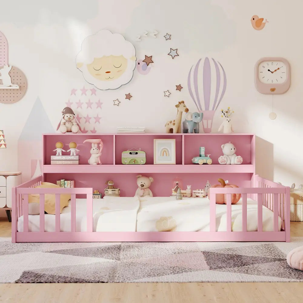 Full Size Montessori Floor Bed with Bookcase-Pink - Pink - Trundle Bed Frame