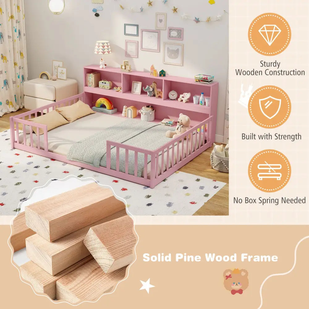 Full Size Montessori Floor Bed with Bookcase-Pink - Pink - Trundle Bed Frame