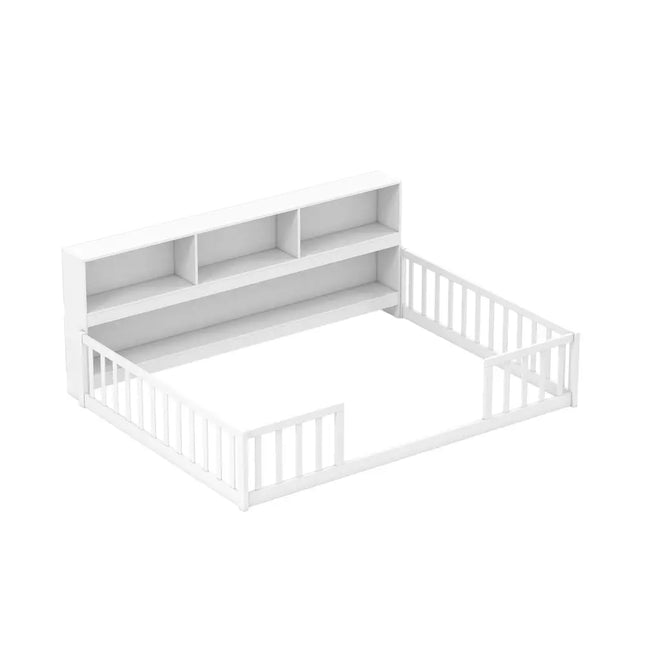 Full Size Montessori Floor Bed with Bookcase-White - White - Trundle Bed Frame