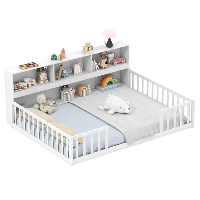 Full Size Montessori Floor Bed with Bookcase-White - White - Trundle Bed Frame