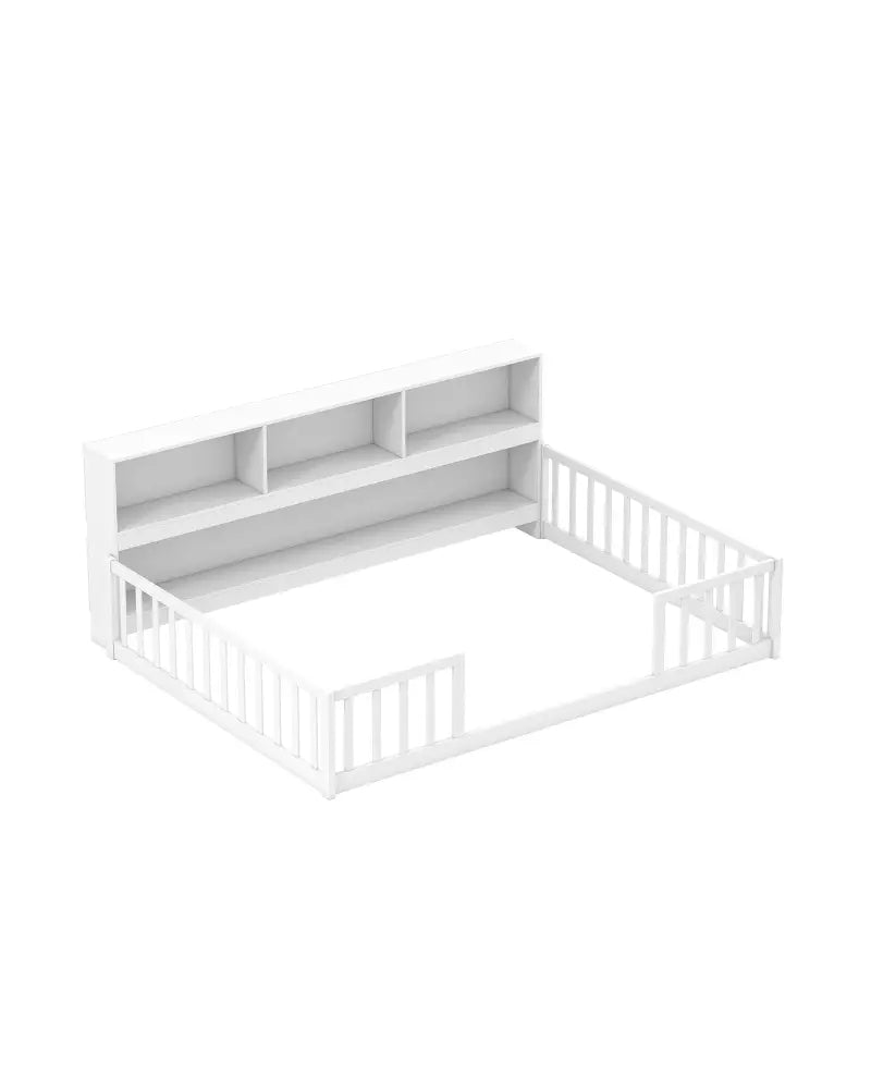 Full Size Montessori Floor Bed with Bookcase-White - White - Trundle Bed Frame