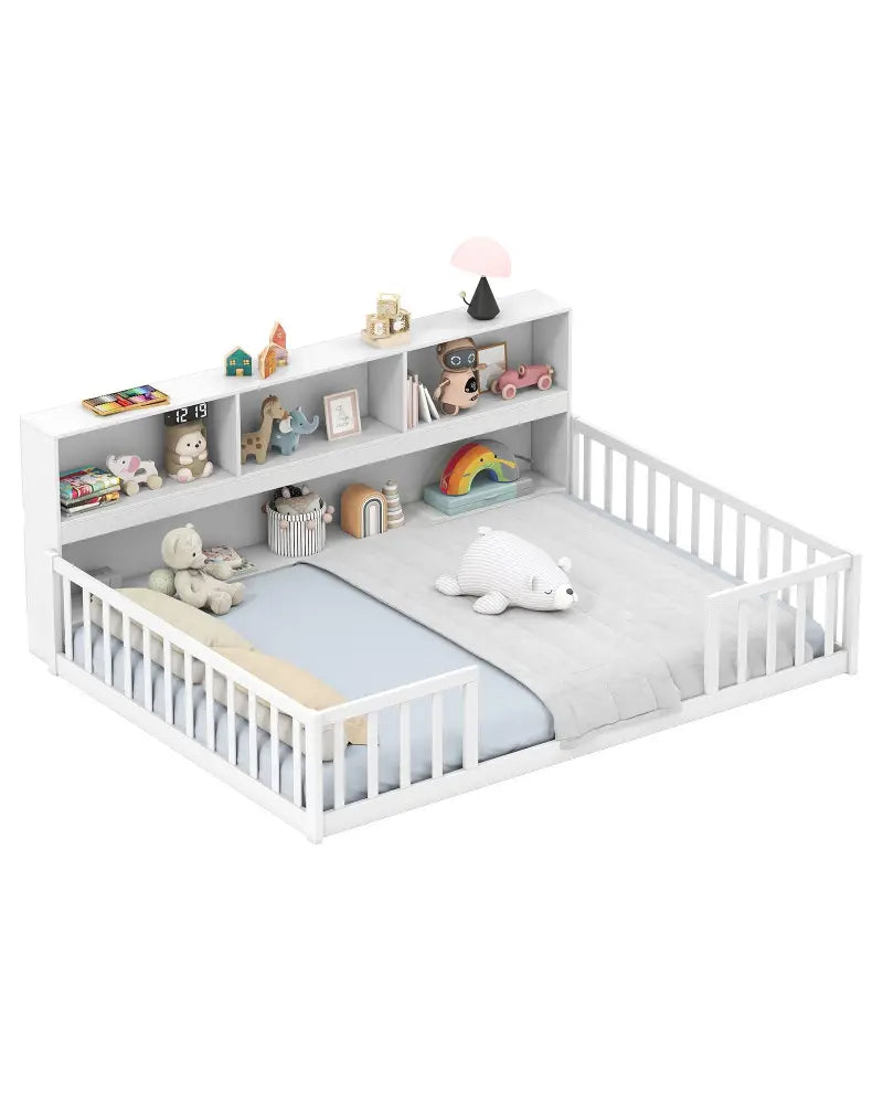 Full Size Montessori Floor Bed with Bookcase-White - White - Trundle Bed Frame