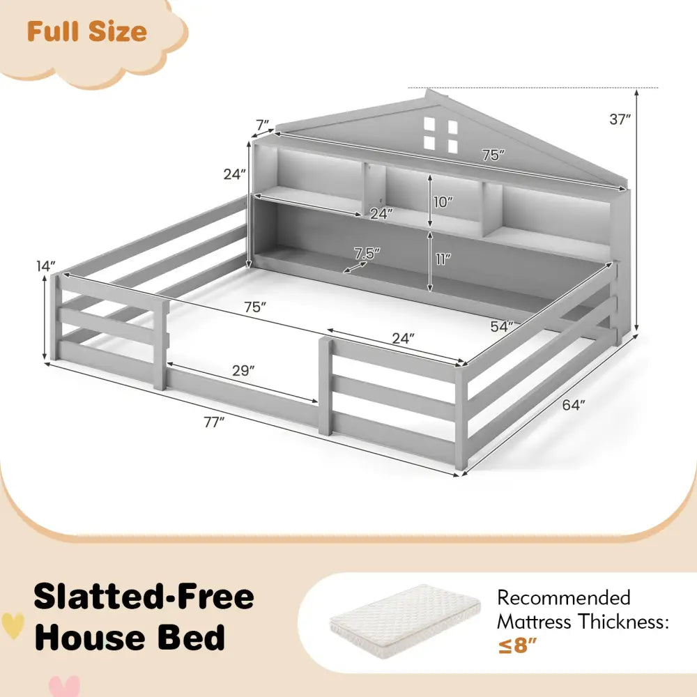 Full Size Montessori Floor Bed with Storage Compartments and Shelf-Gray - Gray - Trundle Bed Frame