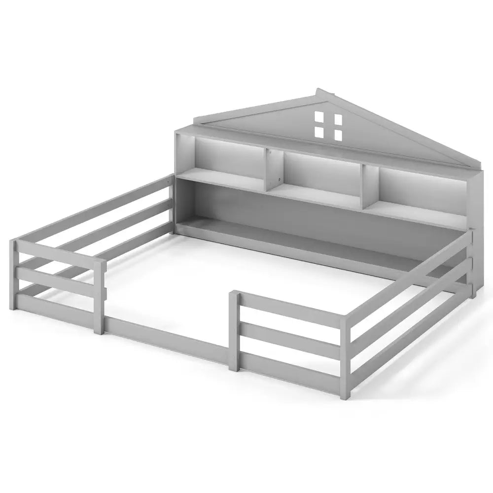 Full Size Montessori Floor Bed with Storage Compartments and Shelf-Gray - Gray - Trundle Bed Frame