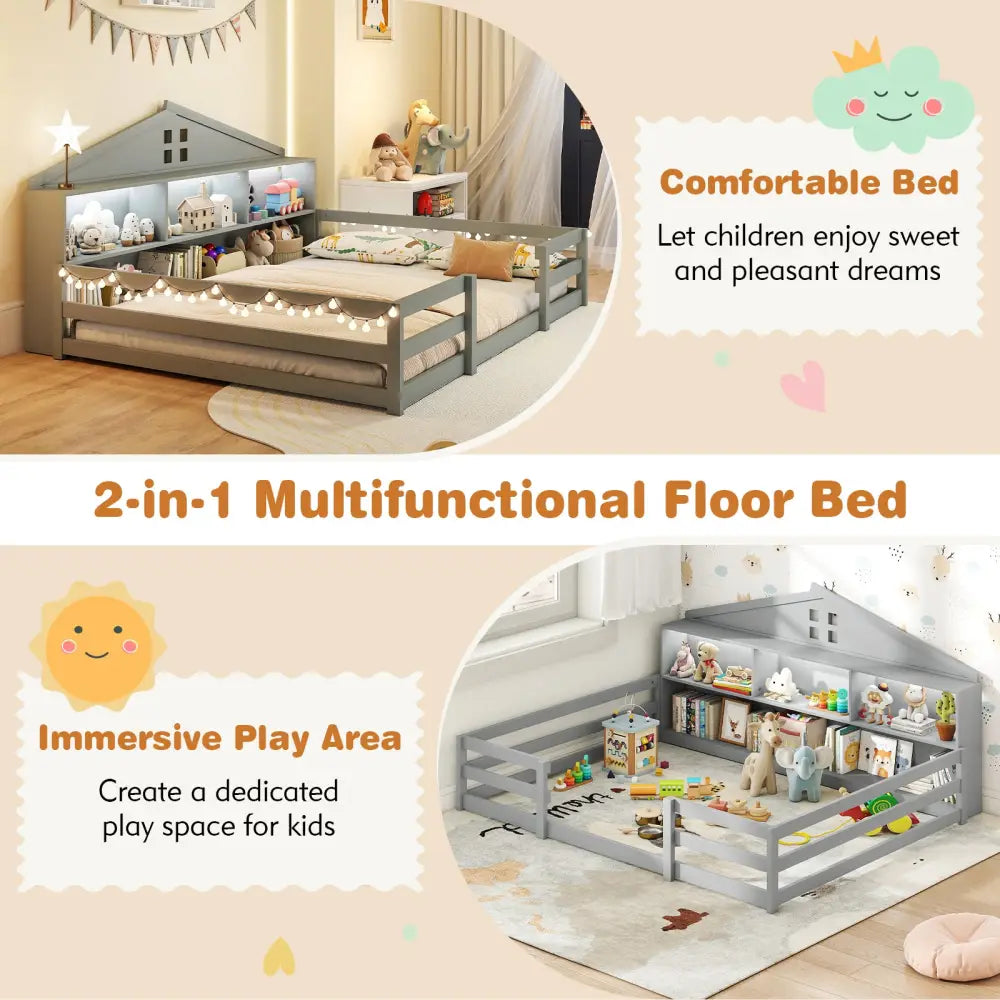 Full Size Montessori Floor Bed with Storage Compartments and Shelf-Gray - Gray - Trundle Bed Frame