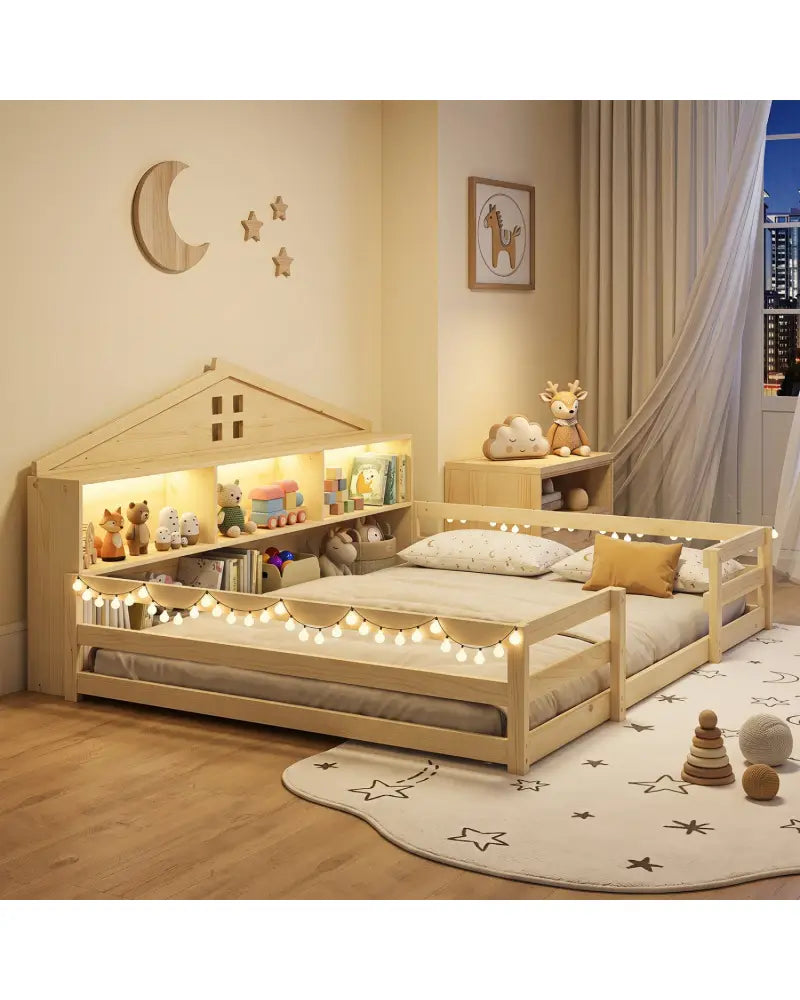 Full Size Montessori Floor Bed with Storage Compartments and Shelf-Natural - Natural - Trundle Bed Frame