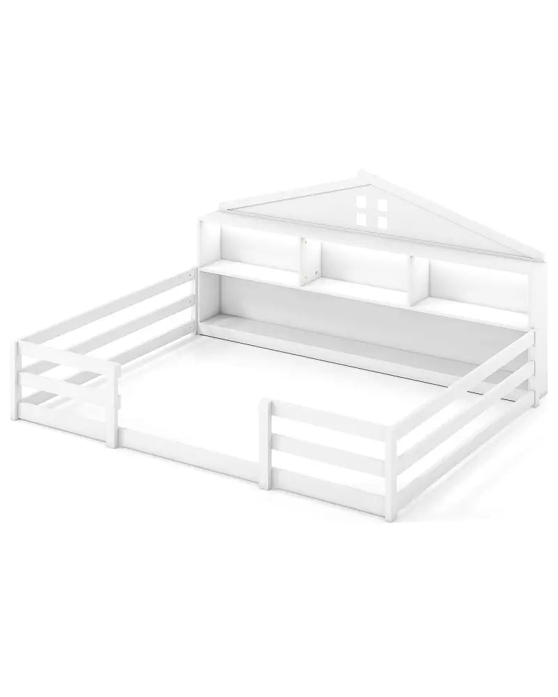 Full Size Montessori Floor Bed with Storage Compartments and Shelf-White - White - Trundle Bed Frame