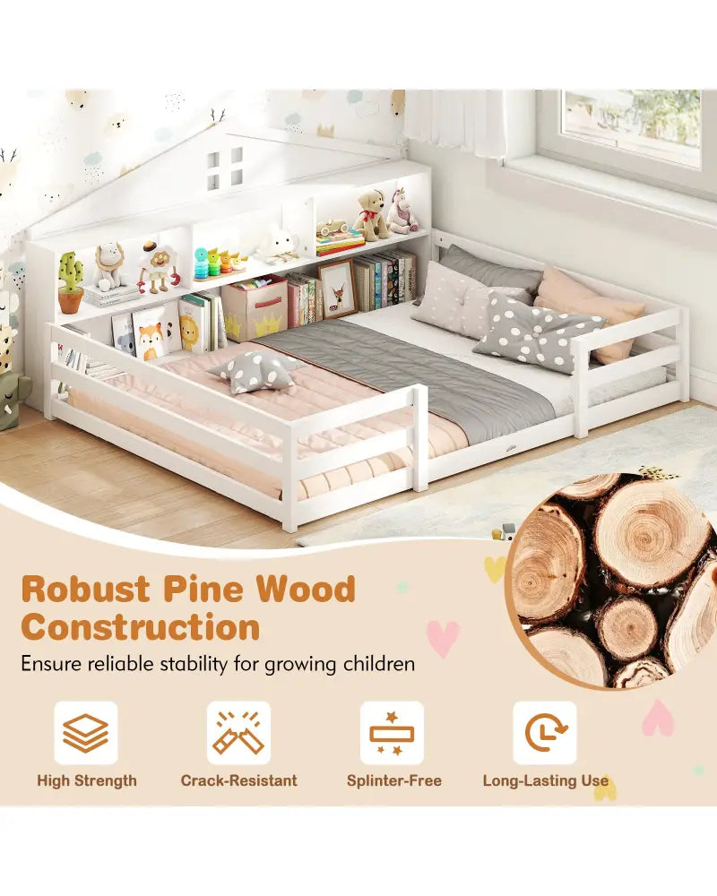 Full Size Montessori Floor Bed with Storage Compartments and Shelf-White - White - Trundle Bed Frame