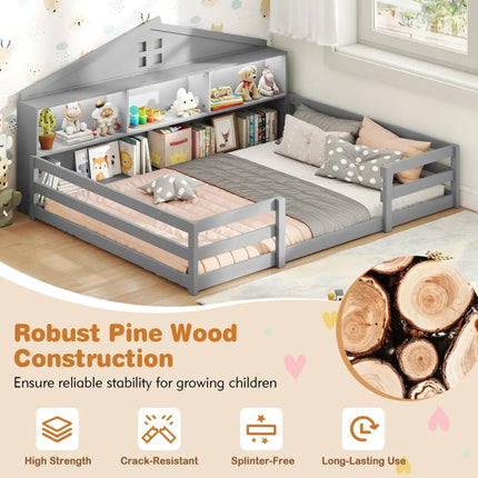 Full Size Montessori Floor Bed with Storage Compartments and Shelf-Gray - Gray - Trundle Bed Frame