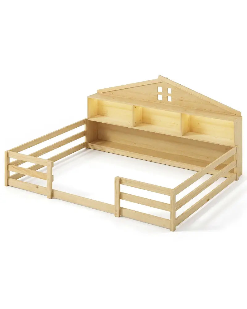 Full Size Montessori Floor Bed with Storage Compartments and Shelf-Natural - Natural - Trundle Bed Frame