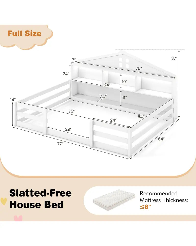 Full Size Montessori Floor Bed with Storage Compartments and Shelf-White - White - Trundle Bed Frame