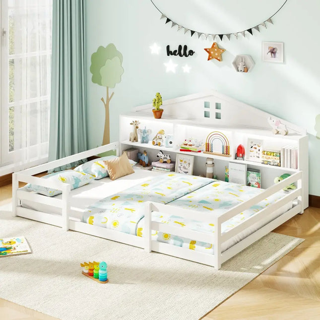 Full Size Montessori Floor Bed with Storage Compartments and Shelf-White - White - Trundle Bed Frame