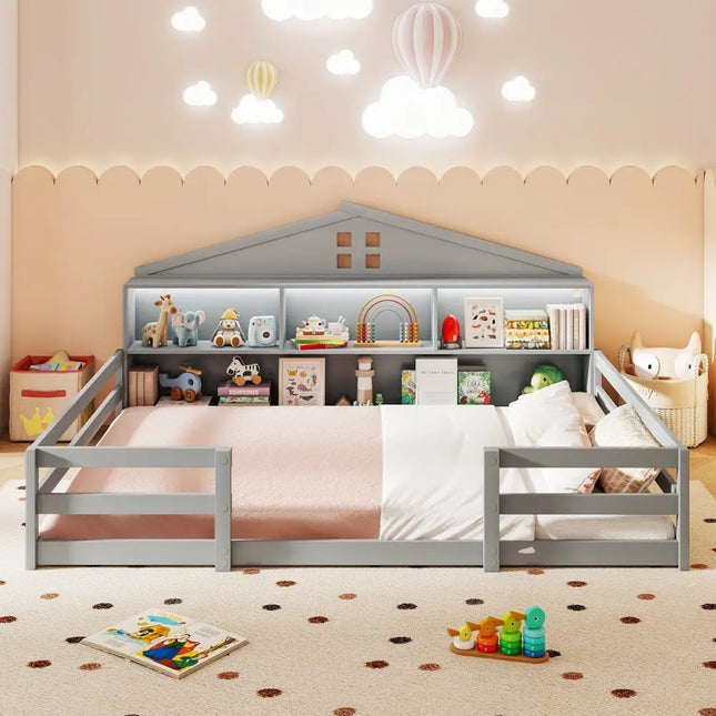 Full Size Montessori Floor Bed with Storage Compartments and Shelf-Gray - Gray - Trundle Bed Frame