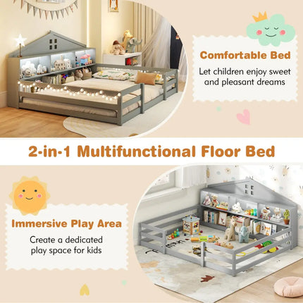 Full Size Montessori Floor Bed with Storage Compartments and Shelf-Gray - Gray - Trundle Bed Frame