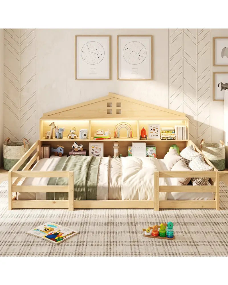 Full Size Montessori Floor Bed with Storage Compartments and Shelf-Natural - Natural - Trundle Bed Frame