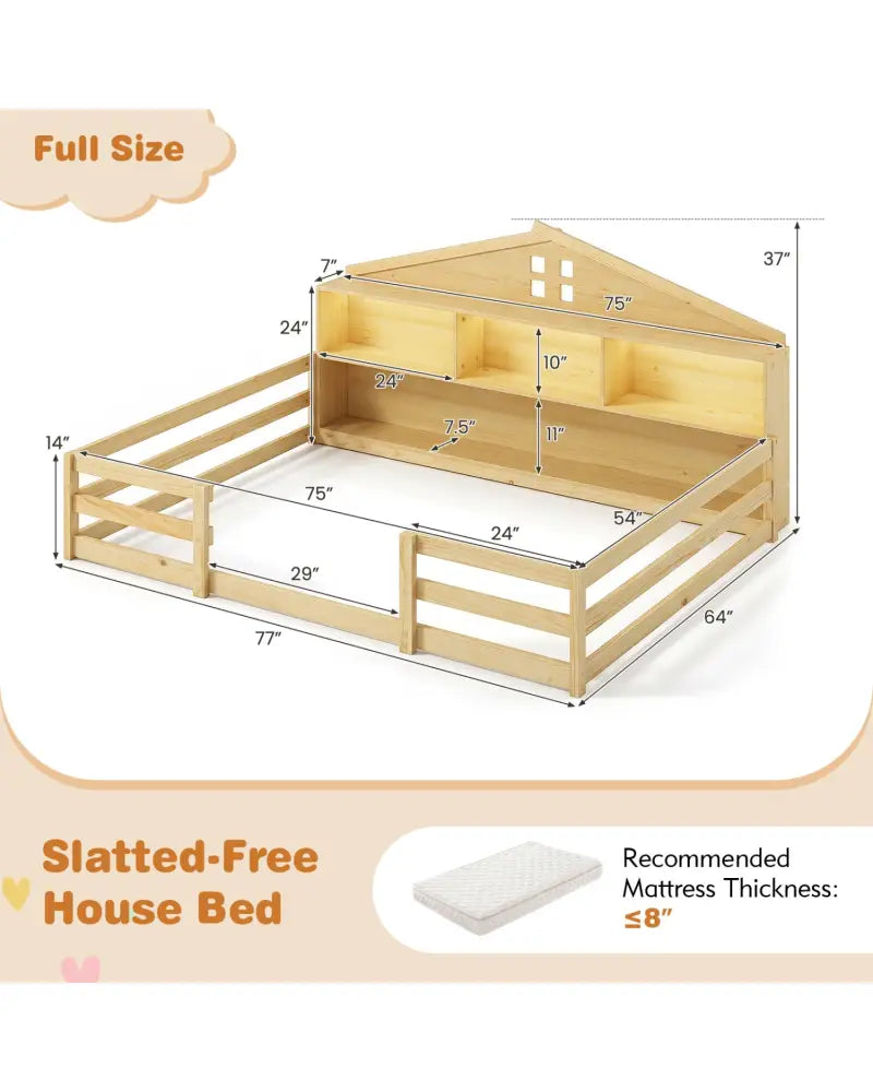 Full Size Montessori Floor Bed with Storage Compartments and Shelf-Natural - Natural - Trundle Bed Frame