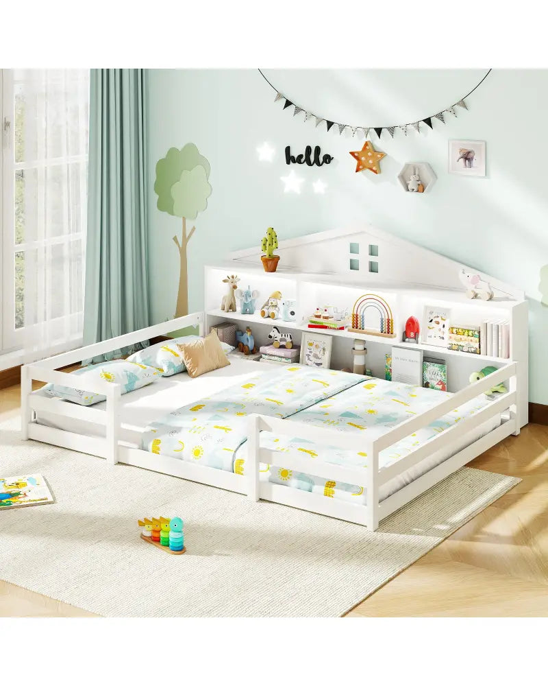 Full Size Montessori Floor Bed with Storage Compartments and Shelf-White - White - Trundle Bed Frame