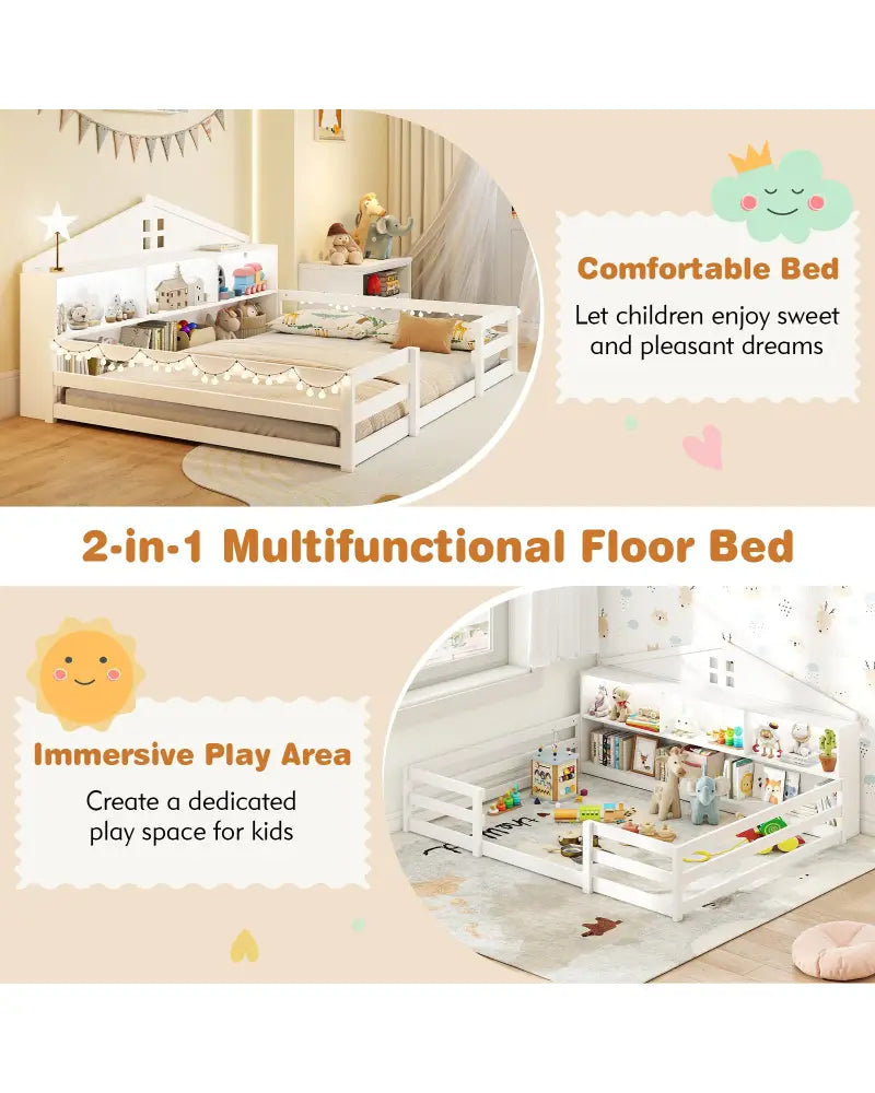 Full Size Montessori Floor Bed with Storage Compartments and Shelf-White - White - Trundle Bed Frame