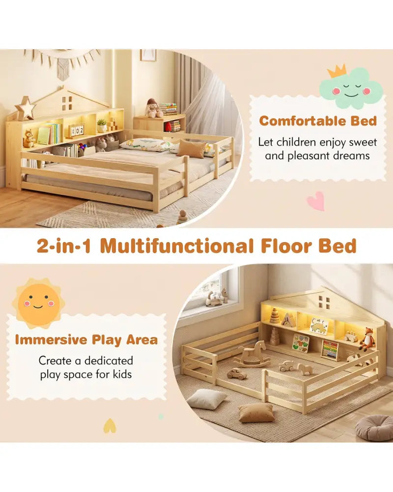 Full Size Montessori Floor Bed with Storage Compartments and Shelf-Natural - Natural - Trundle Bed Frame