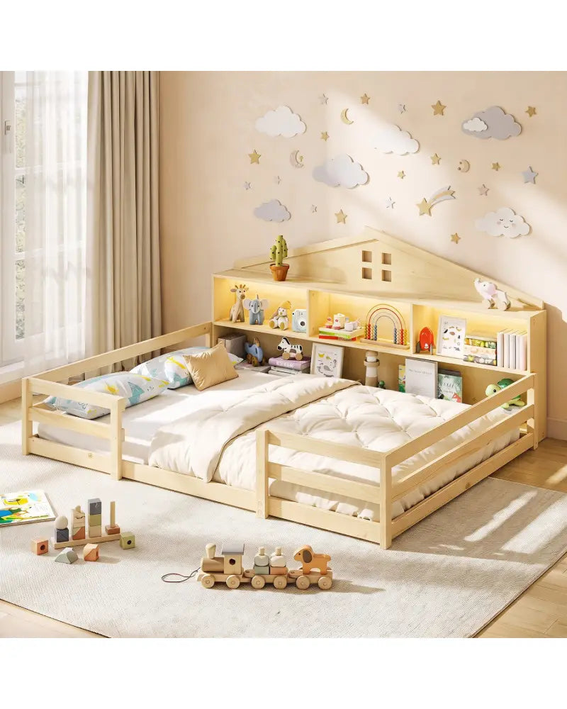 Full Size Montessori Floor Bed with Storage Compartments and Shelf-Natural - Natural - Trundle Bed Frame