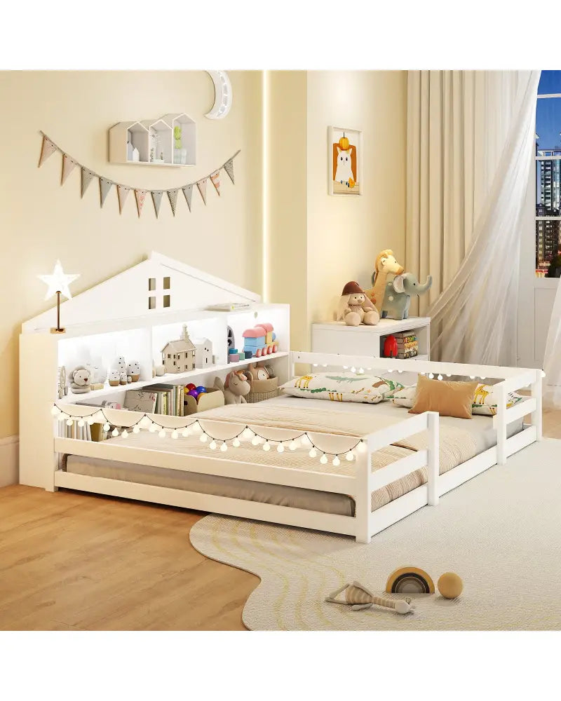 Full Size Montessori Floor Bed with Storage Compartments and Shelf-White - White - Trundle Bed Frame