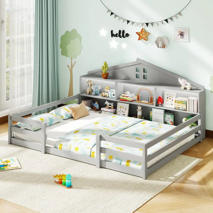 Full Size Montessori Floor Bed with Storage Compartments and Shelf-Gray - Gray - Trundle Bed Frame