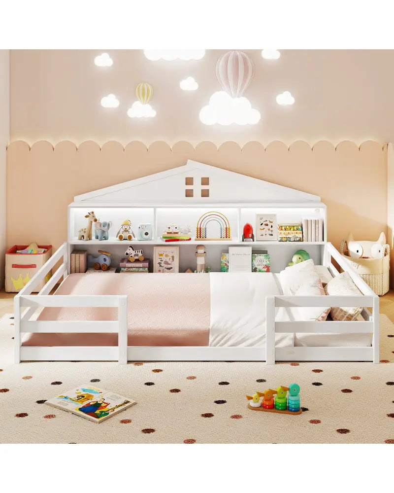 Full Size Montessori Floor Bed with Storage Compartments and Shelf-White - White - Trundle Bed Frame