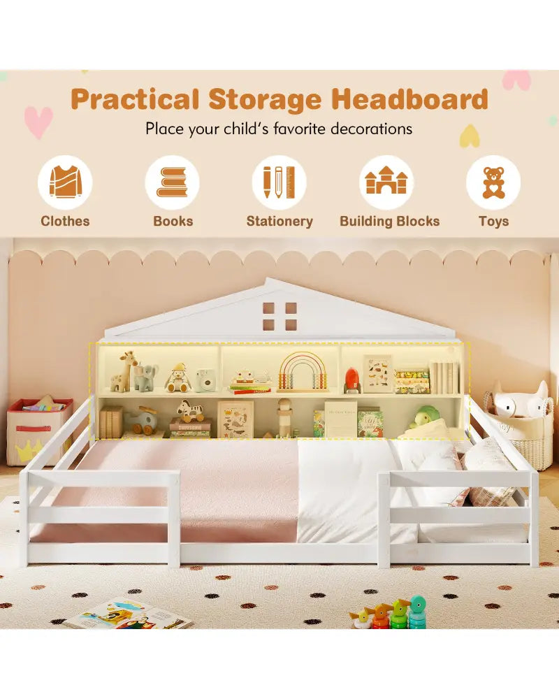 Full Size Montessori Floor Bed with Storage Compartments and Shelf-White - White - Trundle Bed Frame