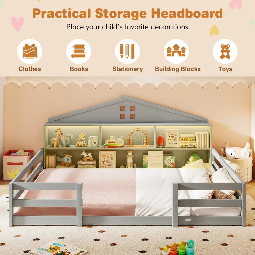 Full Size Montessori Floor Bed with Storage Compartments and Shelf-Gray - Gray - Trundle Bed Frame