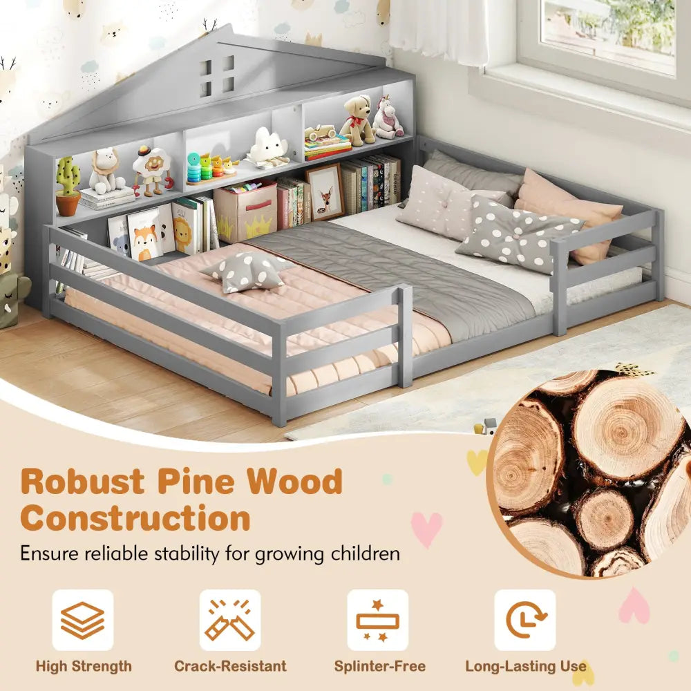 Full Size Montessori Floor Bed with Storage Compartments and Shelf-Gray - Gray - Trundle Bed Frame