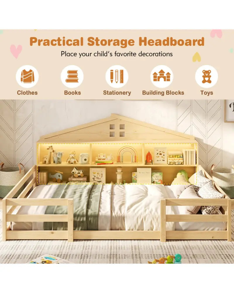 Full Size Montessori Floor Bed with Storage Compartments and Shelf-Natural - Natural - Trundle Bed Frame