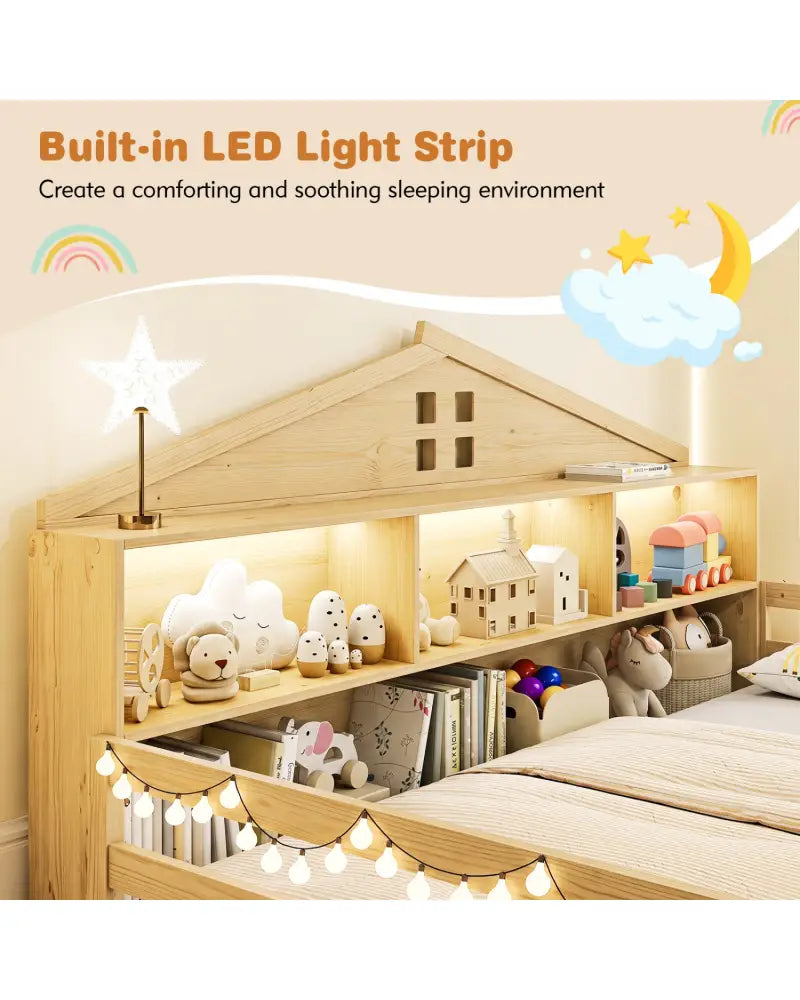 Full Size Montessori Floor Bed with Storage Compartments and Shelf-Natural - Natural - Trundle Bed Frame