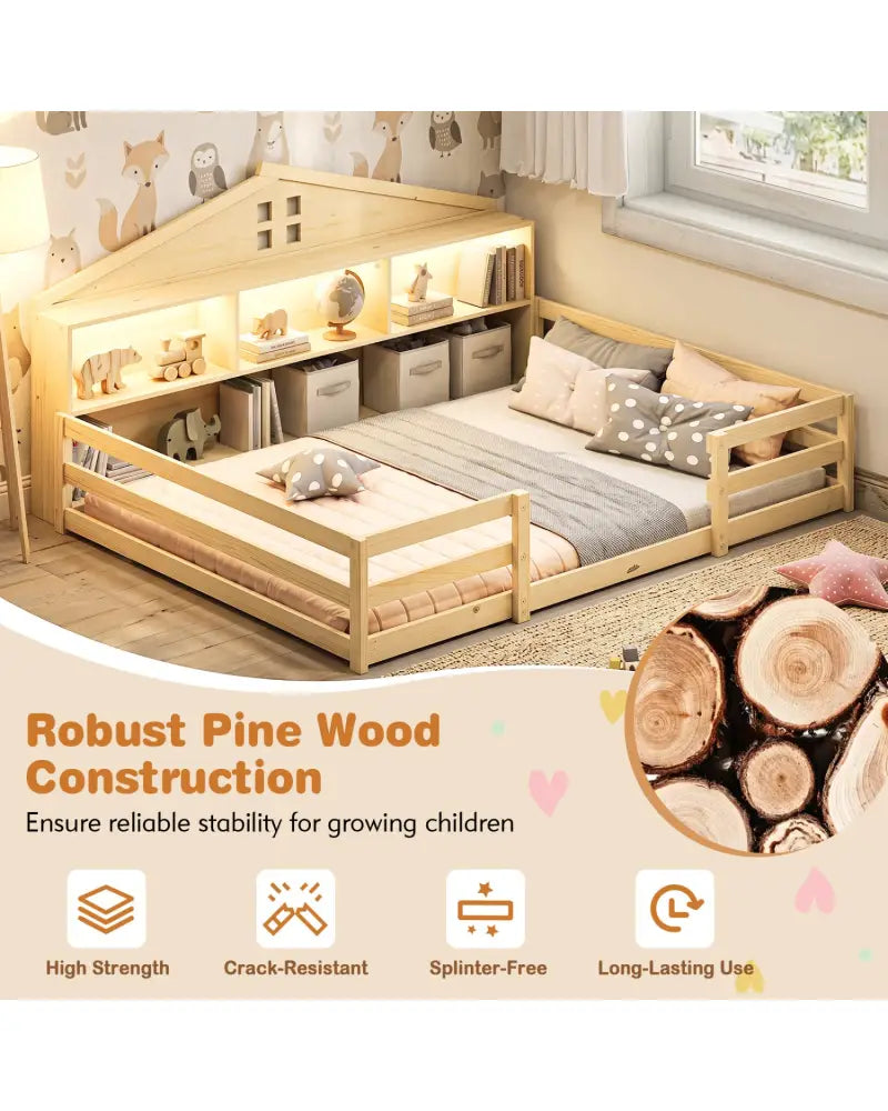 Full Size Montessori Floor Bed with Storage Compartments and Shelf-Natural - Natural - Trundle Bed Frame