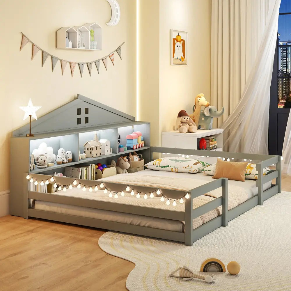 Full Size Montessori Floor Bed with Storage Compartments and Shelf-Gray - Gray - Trundle Bed Frame