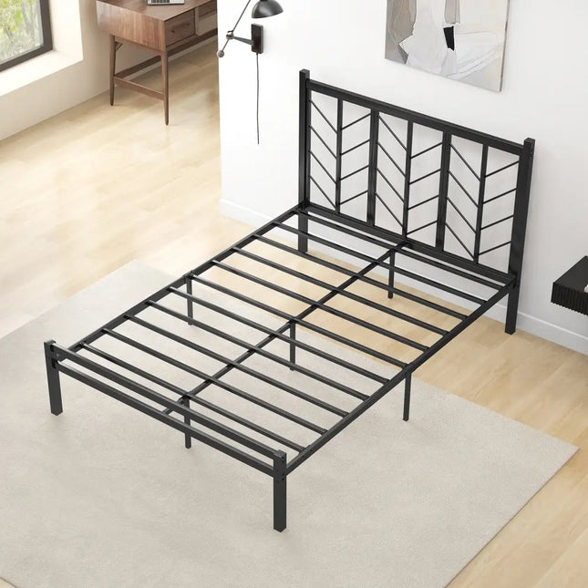 Full Size Platform Bed with Headboard and Metal Frame-Full Size - Black - Simple Bed Frame