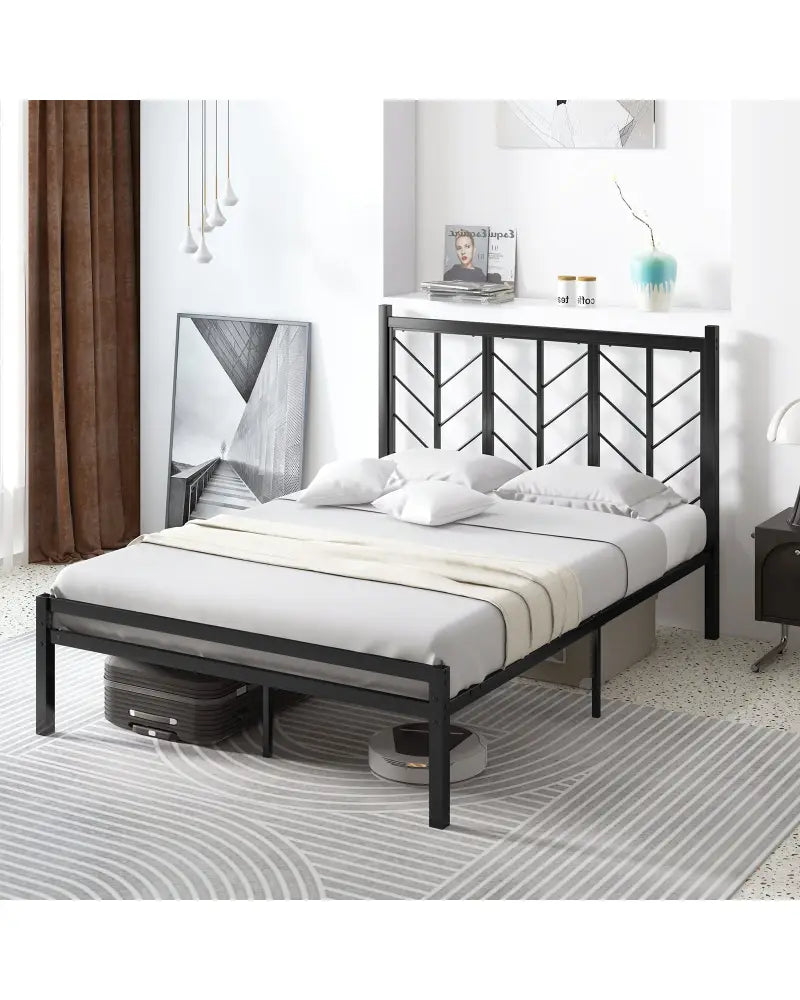 Full Size Platform Bed with Headboard and Metal Frame-Full Size - Black - Simple Bed Frame