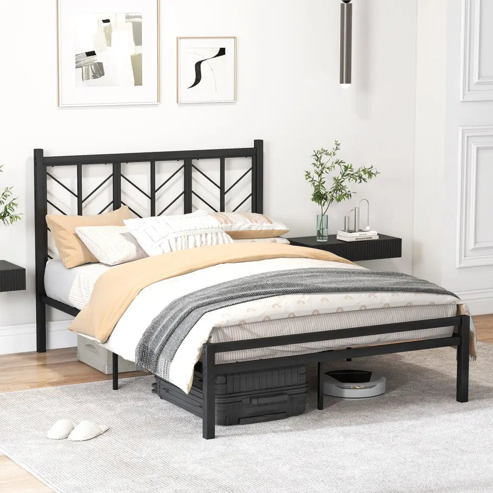 Full Size Platform Bed with Headboard and Metal Frame-Full Size - Black - Simple Bed Frame