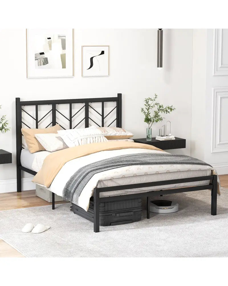 Full Size Platform Bed with Headboard and Metal Frame-Full Size - Black - Simple Bed Frame
