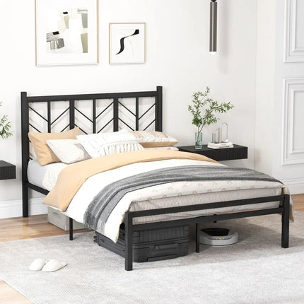 Full Size Platform Bed with Headboard and Metal Frame-Full Size - Black - Simple Bed Frame