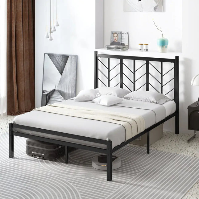 Full Size Platform Bed with Headboard and Metal Frame-Full Size - Black - Simple Bed Frame
