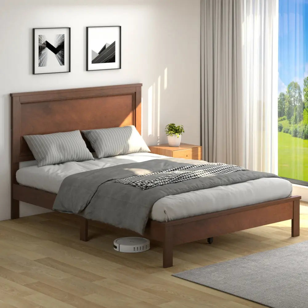 Full Size Platform Slat Bed Frame with High Headboard-Walnut - Walnut - Simple Bed Frame