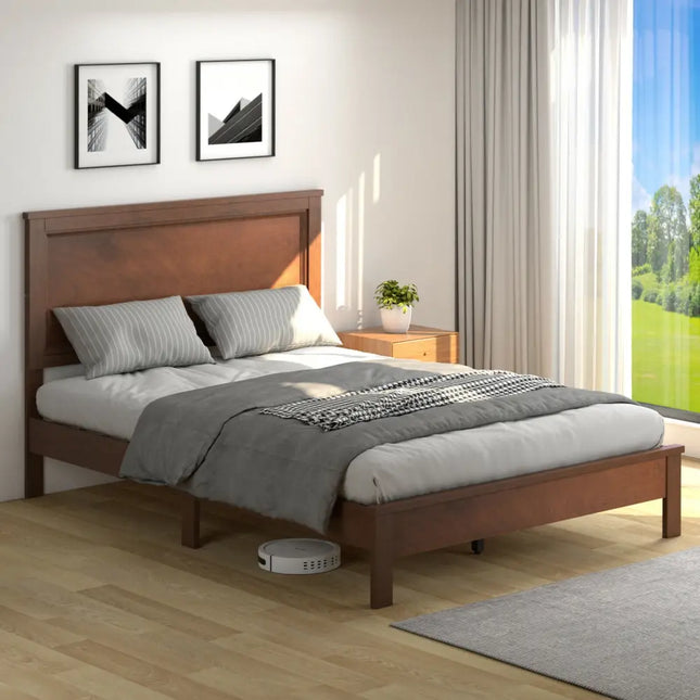 Full Size Platform Slat Bed Frame with High Headboard-Walnut - Walnut - Simple Bed Frame
