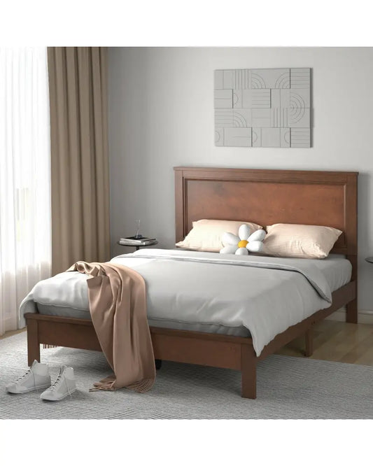 Full Size Platform Slat Bed Frame with High Headboard-Walnut - Walnut - Simple Bed Frame