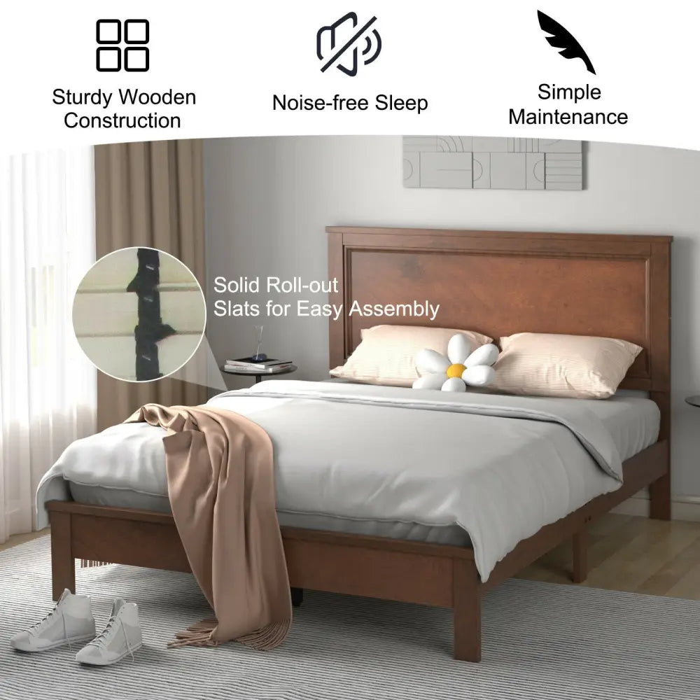 Full Size Platform Slat Bed Frame with High Headboard-Walnut - Walnut - Simple Bed Frame