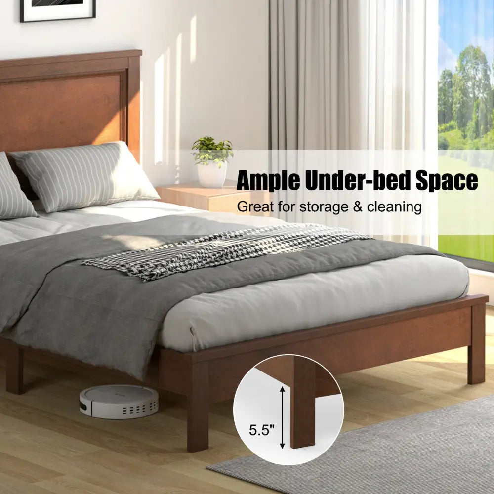 Full Size Platform Slat Bed Frame with High Headboard-Walnut - Walnut - Simple Bed Frame