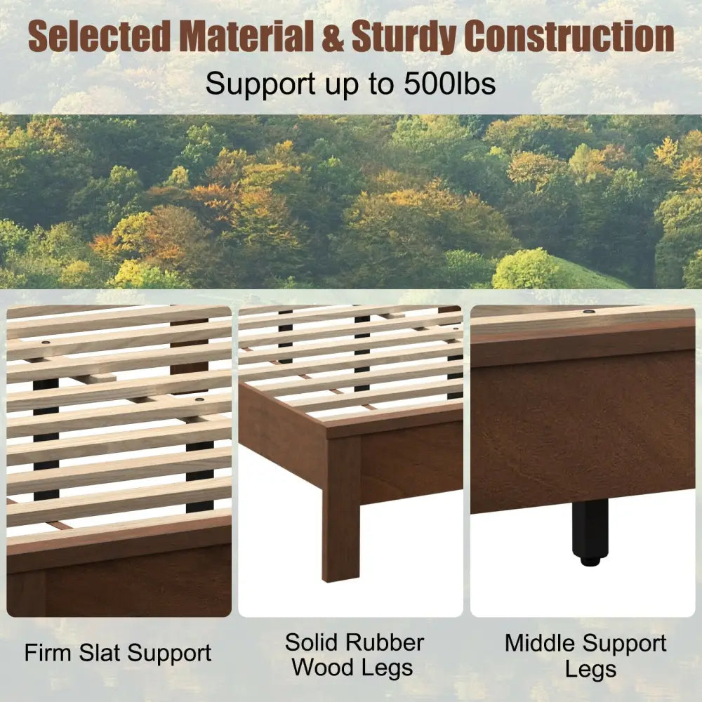 Full Size Platform Slat Bed Frame with High Headboard-Walnut - Walnut - Simple Bed Frame