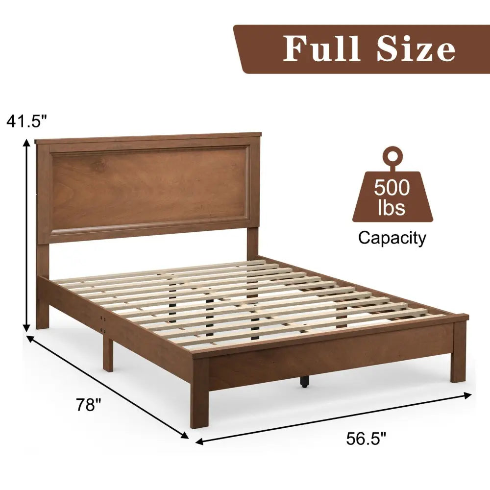 Full Size Platform Slat Bed Frame with High Headboard-Walnut - Walnut - Simple Bed Frame